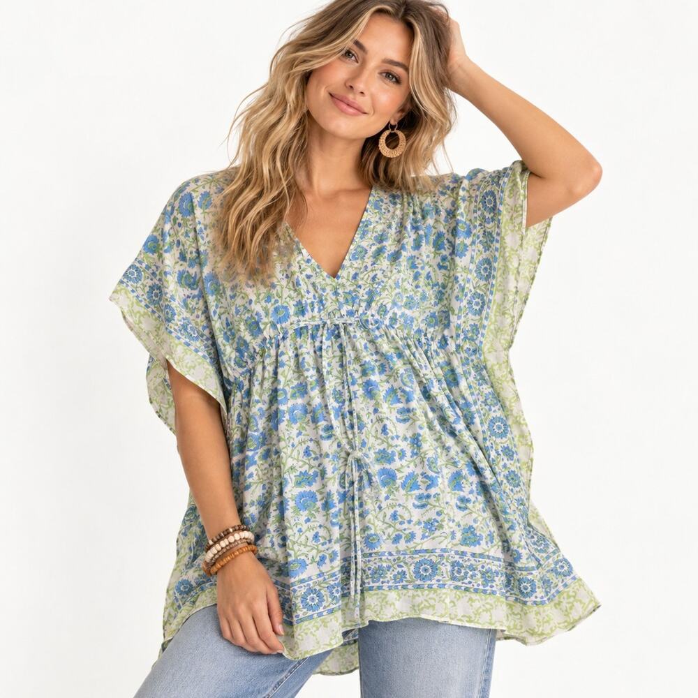 Holicow India Cotton Floral Kaftan Blouse One Size Boho Blue Green Tunic Top